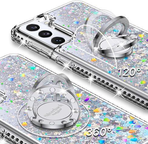 Silverback for Samsung Galaxy S21 Case, Moving Liquid Holographic Sparkle Glitter Case with Kickstand, Girls Women Bling Diamond Ring Slim Protective Case for Galaxy S21 5G -Clear Clear Silver in Kuwait
