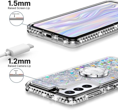 Silverback for Samsung Galaxy S21 Case, Moving Liquid Holographic Sparkle Glitter Case with Kickstand, Girls Women Bling Diamond Ring Slim Protective Case for Galaxy S21 5G -Clear Clear Silver in Kuwait