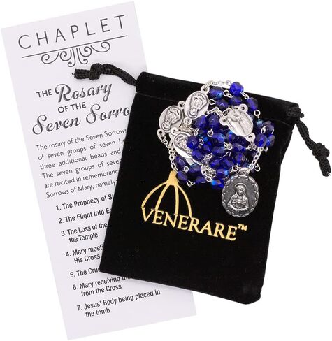 Rosary of the Seven Sorrows | Chaplet Beads, Pouch, and Instructions | Pink, Blue, or Black | Great Catholic Gift for First Holy Communion and Confirmation | Made in Italy in Saudi Arabia