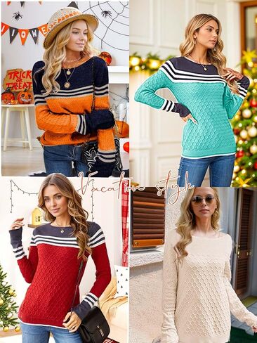 Womens Sweaters Fall Colorblock Pullover Long Sleeve Round Neck Cute Fitted Striped Knitted Tops for Women Trendy in Saudi Arabia