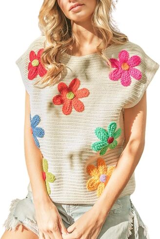 Womens Crochet Flower Embroidery Knit Top Sleeveless Round Neck Knit Sweater in Saudi Arabia
