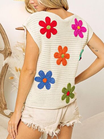 Womens Crochet Flower Embroidery Knit Top Sleeveless Round Neck Knit Sweater in Saudi Arabia
