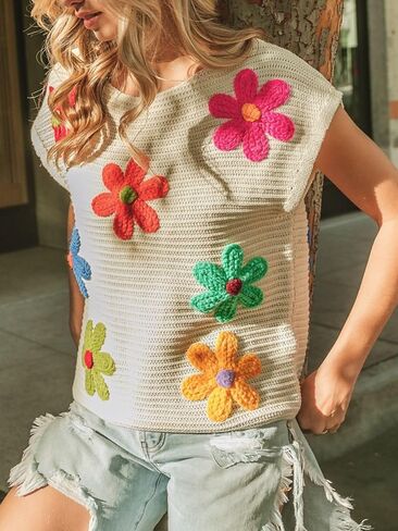 Womens Crochet Flower Embroidery Knit Top Sleeveless Round Neck Knit Sweater in Saudi Arabia