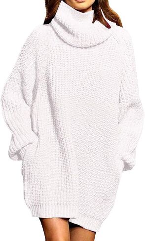 Pink Queen Women's Loose Turtleneck Oversize Long Pullover Sweater Dress in Kuwait