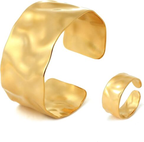 Gold Open Cuff Bracelets Finger Ring Set Stainless Steel Hammered Wide Chunky Bangle Bracelets Open Ring Adjustable Large Wrist Jewelry Set Delicate Gift for Women in Saudi Arabia