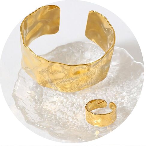 Gold Open Cuff Bracelets Finger Ring Set Stainless Steel Hammered Wide Chunky Bangle Bracelets Open Ring Adjustable Large Wrist Jewelry Set Delicate Gift for Women in Saudi Arabia