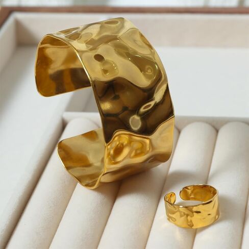 Gold Open Cuff Bracelets Finger Ring Set Stainless Steel Hammered Wide Chunky Bangle Bracelets Open Ring Adjustable Large Wrist Jewelry Set Delicate Gift for Women in Saudi Arabia