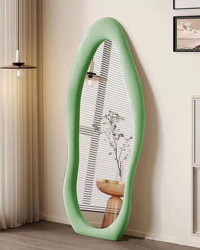 63" x 24" Full Length Mirror with Stand, Full Length Mirror Wall Mounted, Floor Mirror, Cloud Shape Standing Mirror, Flannel Wrapped Wooden Frame Mirror, Irregular Full Body Mirror, Green in Saudi Arabia