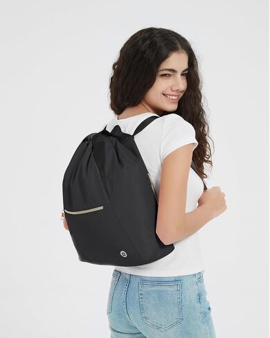 Drawstring Backpack String Bag for Women Men Water Resistant Drawstring Bags Gym Sack with Two Zipper Pockets Sports Gym Bag (Black) in Saudi Arabia