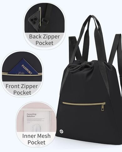 Drawstring Backpack String Bag for Women Men Water Resistant Drawstring Bags Gym Sack with Two Zipper Pockets Sports Gym Bag (Black) in Saudi Arabia
