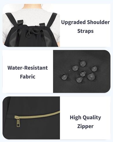 Drawstring Backpack String Bag for Women Men Water Resistant Drawstring Bags Gym Sack with Two Zipper Pockets Sports Gym Bag (Black) in Saudi Arabia