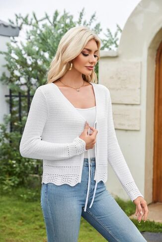 GRACE KARIN Women's Long Sleeve Cardigan Tie Front V Neck Crochet Lightweight Shrug Sweaters for Dresses Knit Top in Saudi Arabia