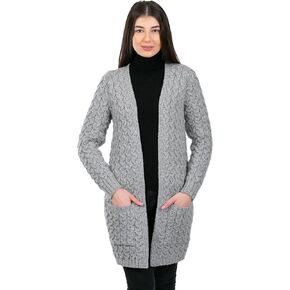 SAOL Aran Cardigan Coat for Women Irish Open Front Cardigan with Pockets Merino Wool Fisherman Cardigan Made in Ireland
