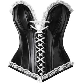 Daisy corsets Womens Top Drawer Black Faux Leather & White Lace Trim Steel Boned Corset