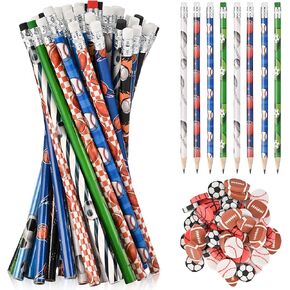 48 Sports Pencils for Kids and 48 Pcs Erasers, Baseball Soccer Basketball Pencils #2, Fun Pencils Erasers, Birthday Pencils, School Office Supplies, Kids Students Gift