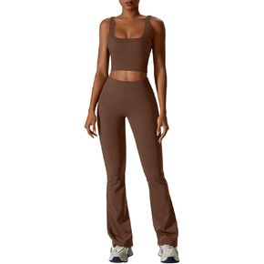 REORIA Women's Casual Outfits Stretchy Square Neck Workout Tank Top Flare Pants Leggings 2 Piece Workout Sets
