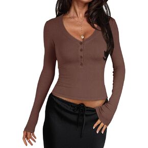 Women's Long Sleeve V Neck Shirt Sexy Henley Slim Fit Tight Going Out Top Ribbed Knit Button Fall Shirt 2024