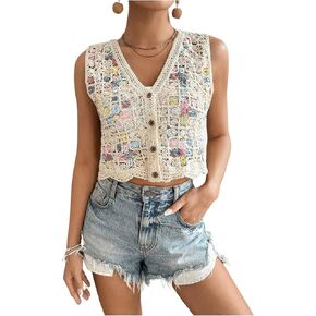 GORGLITTER Women's Crochet Knit Sweater Vest Sleeveless Button Front Cropped Vests