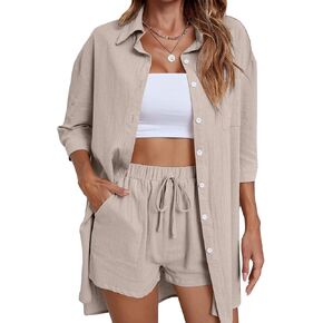 SHENHE Women's Two Piece Outfits 3/4 Sleeve Button Down Tunic Shirt Top and Shorts Going Out Set