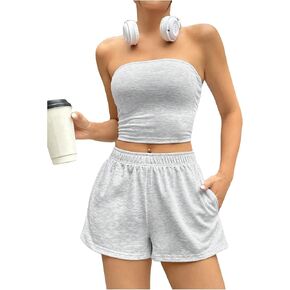 Milumia Women's 2 Piece Outfits Strapless Bandeau Crop Tube Top and Track Shorts Set
