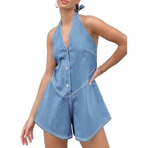 PLNOTME Womens Summer Halter Denim Rompers Backless V Neck Casual Jean Short Jumpsuits