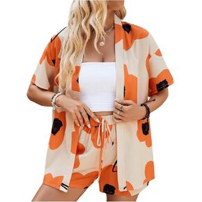 Verdusa Women's 2 Piece Outfits Floral Short Sleeve Kimono Cardigan Shirt and Shorts Set