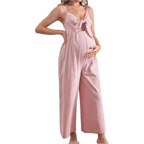 Women's Maternity Tie Front Cut Out Loose Cami Romper Spaghetti Strap Summer Long Jumpsuit