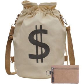 Canvas Drawstring Backpack with Coin pouch, Large Money Dollar Sign Bucket Rucksack, Lightweight Sport Bags (Off White)