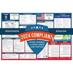 Labor Law Posters 2024 - Wisconsin Labor Law Poster State, Federal, OSHA Compliant, Accurate & Up to Date, Includes June Updates, Laminated Labor Law Poster 2024 Wisconsin, 36"w x 24"h (English)