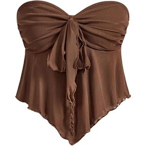SHENHE Women's Strapless Tie Front Lettuce Trim Asymmetrical Flare Boho Tube Top