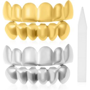MAGICLULU 2 مجموعات الهيب هوب الذهب الأقواس الشوايات المعدنية الأسنان شواء مغني الراب الملحقات تأثيري شواء الأسنان شواء للأسنان الأسنان الأحجار الكريمة الفم شواء النحاس لوازم الوقوف