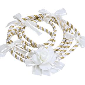 Wedding Lasso Rope, White Gold Rope with Flower Lazo Para Boda Wedding Cord Wedding Lasso Traditional Lazo Cord Handfasting Cord for Wedding Ceremony Bridal Gift (White)