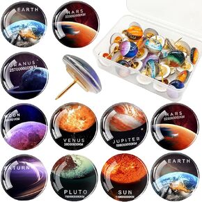 Glass Planets Decorative Push Pins for Corkboard Cute Thumb Tacks Cork Board Pins Pushpins for Bulletin Boards Decorative Thumbtacks for Wall Classroom, Office, Home (36 Pcs)