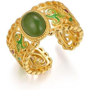 14K Gold Hetian Jade Yǎnwēi Open Ring, Chinese New Year Blessings, Ethnic Style Hand Ornament