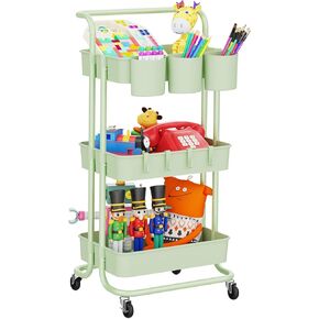 3-Tier Rolling Mobile Utility Cart with Hanging Cups & Hooks & Handle Multifunctional Organizer Storage Trolley Service Cart with Wheels Easy Assembly for Office, Bathroom, Kitchen (Blue)