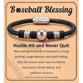HGDEER Baseball Soccer Bracelet, Black Leather Stainless Steel Charm Baseball Soccer Gifts for 8-16 Year Old Teens, Teams, Son, Grandson Brother Ideas