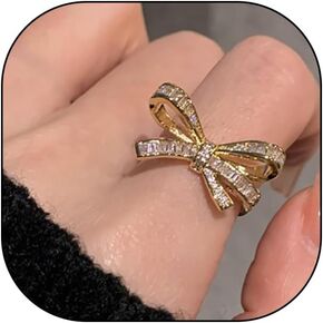 Gold Rhinestone Bow Knuckle Ring,Cute Shiny Multi Row Cubic Zirconia Statement Ring,Silver Shiny Engagement Wedding Band Jewelry Gift