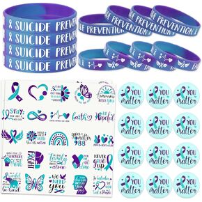 Suicide Prevention Awareness Set of 26 Silicone Bracelets Sheets of Stickers Badge Suicide Awareness Rubber Wristband Teal & Purple Ribbon Badge Inspirational Vinyl Stickers Mental Pin Health Gift