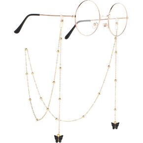 37" Women Eyeglass Chains, Butterfly Gold Bead Glasses Strap Holder Gold Bead Mask Lanyard Cords Eyeglass Necklace