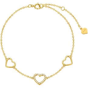 SISGEM 10k Gold Diamond Three Heart Anklets for Women, Love Ankle Bracelet Jewelry Gifts for Her, (0.11 ct) 9.4"-11"