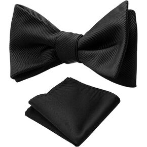 PenSee Black Solid Mens Self Tie Woven Bow Tie Silk Bow Ties for Men Bowties and Pocket Square Set Formal Tuxedo Bowtie Set