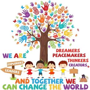 156PCS Classroom Tree Bulletin Board Decorations Set Together We Can Change The World Wall Bulletin Decor with Handprint Cut-outs and Animal Butterfly Owls Letter Accents for School Blackboard Decor
