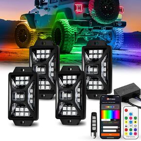 4 قرون أضواء الصخور RGB بخمسة جوانب للشاحنات Jeep UTV SUV ATV، تطبيق متعدد الألوان للمطاردة / التحكم عن بعد أضواء الصخور LED مع وضع الموسيقى، مجموعات خارجية مقاومة للماء للسيارات