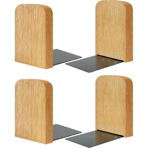 Book Ends for Office Accessories - 2 Pairs Handmade 100% Solid Wood Decorative Bookends with Metal Base - Heavy Duty Non-Skid Shelf Organizer for Books