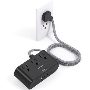 Black Flat Plug Power Strip, 6 Ft Ultra Thin Flat Extension Cord, 3 Outlets 3 USB Ports(2 USB C) Multi Plug Outlet Extender with No Surge Protector for Cruise Ship, Travel, Dorm Room Essentials