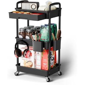 4 Tier Rolling Cart Organizer,Art Craft Diaper Bedside Snack Laundry Room Bathroom Organizer Narrow Thin Slim Rolling Trolley Utility Cart with Wheels for Kitchen,Office(White)