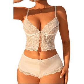 SHENHE Women's 2 Piece Lingerie Set Lace Trim Tie Front Sheer Camisole and Panty Pj Set