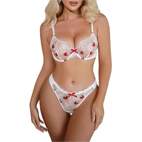 MakeMeChic Women's Strawberry Lace Mesh Lingerie Set Push Up Bra and Panty
