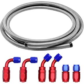12FT 6AN Fuel Line Hose AN6 3/8" Silver Stainless Steel Braided CPE Tube Oil Fuel Gas Hose w/ 6 pcs Fitting Connectors Red & Blue