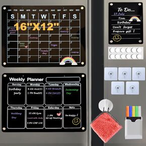 2024 Black Magnetic Calendar for Refrigerator Calendario Magnetico para Refrigerador Dry Erase, Acrylic Board for Fridge | Weekly & Monthly Planner Magnet Chalkboard Set with 5 Markers, Pen Holder